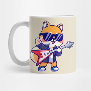 Cute Shiba Inu Playing Electric Guitar Cartoon Mug